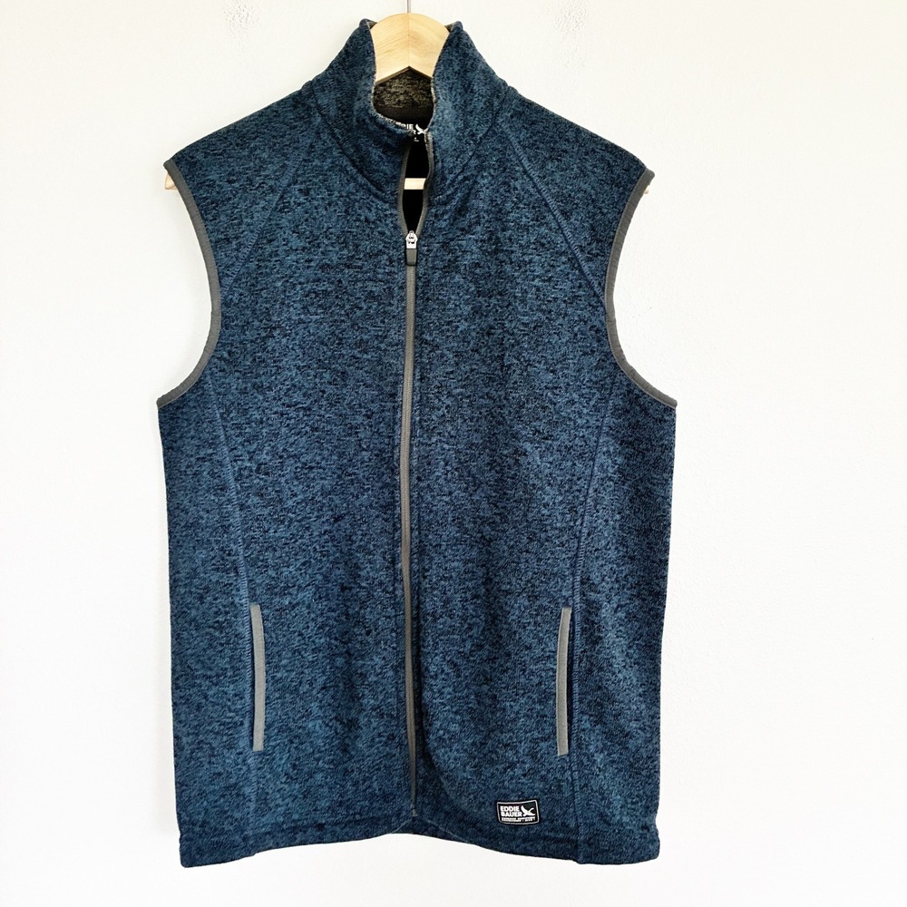 Eddie Bauer Fleece Vest Mens M Heather Blue Full Zip Knit Preppy Hiking Utility